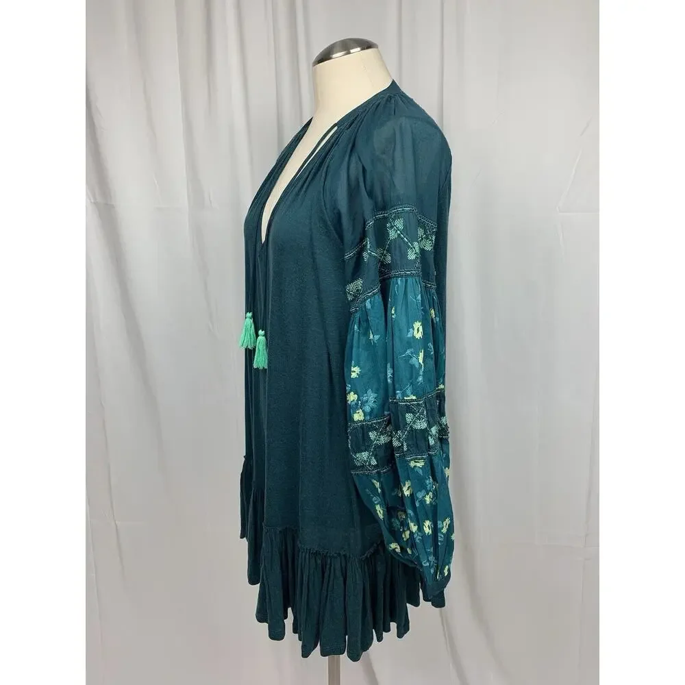 Free People Mix It Up Tunic Dress Balloon Sleeve Teal Blue Green Size S BNWT